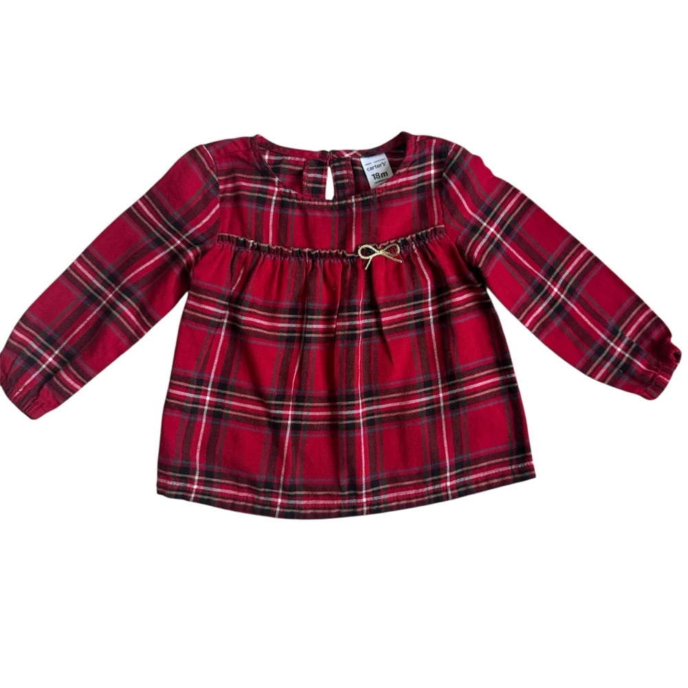 Carter's Red Tartan Plaid Girl’s Blouse with Smocked Yoke & Gold Bow Size 18 mos